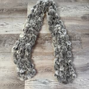 Genuine Fur Pom Pom Scarf Gray Mob Wife Après Ski Snow Bunny Luxury Winter 55"